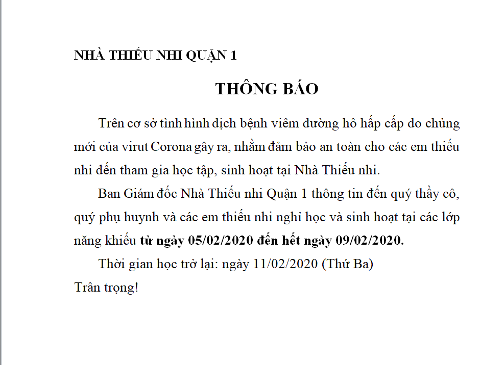 THÔNG BÁO NGHỈ HỌC